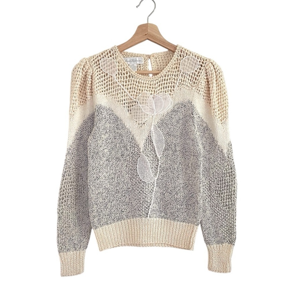 Vintage Ann Katrine Wool Angora Blend Mixed Knit Embellished Sweater 4 XS-Small